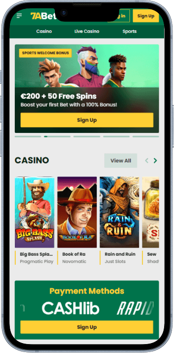 7aBet homepage - welcome bonus, casino games and payment methods
