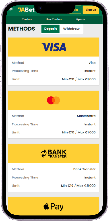 7aBet cashier with deposit and withdrawal tabs