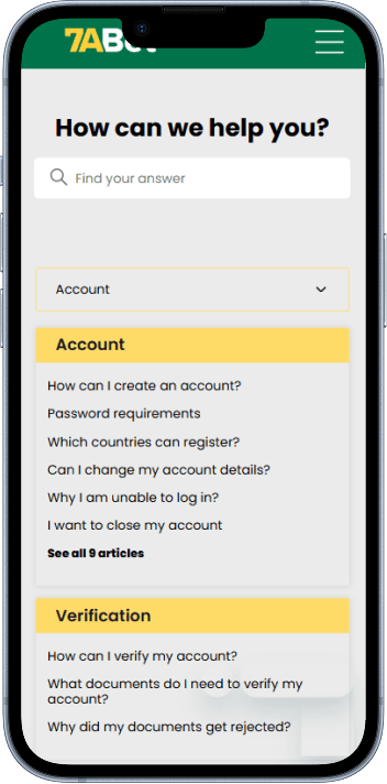7aBet help centre with live chat